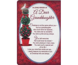 Xpress Yourself Christmas Memorial Granddaughter Grave Card, Weatherproof Plastic, Outdoor Graveside Display, Festive Design with Topiary Trees and Holly, Personal Message Space
