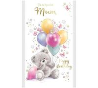 Xpress Yourself Happy Birthday Card for a Special Mum, Teddy Bear with Balloons Design, Pastel with Gold Foil