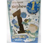 Xpress Yourself Nephew 1st Birthday Card With Badge. 15 x 23cm Card.