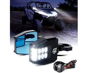 Xprite Aluminium UTV Side Rear View Mirrors Fit All 1.6-2 Inch Roll Bar Cage, Blue Anti-Glare Mirrors and Smoke Lens LED Spot Light for UTV ATV Can am Maverick X3 Polaris RZR XP 1000 Yamaha