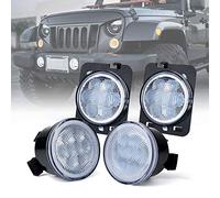 Xprite LED Clear Lens Turn Signal Lights with Halo DRL and Parking Function & Front Fender Side Marker Amber Light Assembly Replacement Combo for 2007-2018 Jeep Wrangler JK & Wrangler Unlimited