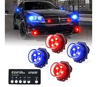 Xprite Red Blue LED Hideaway Strobe Police Lights Kit, 20 Flashing Patterns w/Control Panel for Headlights Taillights Hazard Warning Mounting, for Emergency Vehicles Volunteer Cop Cars Trucks, 4PCS