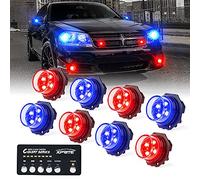 Xprite Red Blue LED Hideaway Strobe Police Lights Kit, 20 Flashing Patterns w/Control Panel for Headlights Taillights Hazard Warning Mounting, for Emergency Vehicles Volunteer Cop Cars Trucks 8PCS