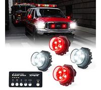Xprite White Red LED Hideaway Strobe Lights Kit, 20 Flashing Patterns w/Control Panel Headlights Taillights Fog Light Interior Mounting, for Emergency Vehicles Firefighter Cars Trucks SUV 4PCS