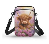 Xpyiqun Crossbody Phone Bag for Purse for Women Canvas Small Sling Shoulder Handbag Cross Body Pouch, Highland Cow Pink Rose, One Size