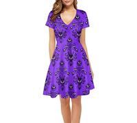 Xpyiqun Women Summer Dress A-line Party Dance Dresses 1/4 Sleeve T-Shirt Dress, Halloween Haunted Mansion Spooky, L