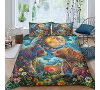 XPZABCDEG Brown Bear Kids 3D Bedding Set Brushed Microfiber 3 Pcs Bears in Floral Forest Duvet Cover with Pillowcases Easy Care Room Decor King（220x240cm）