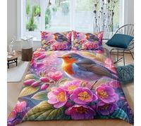 XPZABCDEG Robin Among Flowers 3D Bedding Set Easy Care Microfiber 3 Piece Animal Duvet Cover with Pillow Shams Home Decoration Double（200x200cm）