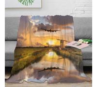 XPZABCDEG Sunset Scenery 3D Printed Blanket Microfiber Home Decor Airplane Windmill Throw Blanket Sofa Bed Cozy for Adults 40x50inch(100x130cm)