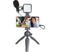 XQISIT Vlogging Kit, Smartphone Tripod Microphone, LED Light, 800 Hr Battery Life, Adjustable Mini Tripod for Social Media Photography, Youtube Video, Streaming and More
