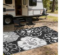 XQKXHZ Outdoor Rug 9' x 12' Waterproof for Patios Clearance,Reversible Plastic Straw Camping Rug Carpet,Large Area Rugs Mats for RV,Picnic,Backyard,Deck,Balcony,Porch,Beach,Black and White Flower