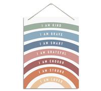 XQLSR Affirmation Wood Sign, Rustic Hanging Wood Plaque, Rainbow Decor, Nursery Wall Art, Classroom Decor, Inspirational Gift, I am Kind Brave Smart Grateful Enough Strong Loved Sign