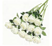 XQLY Artificial Flowers, 12 Pcs White Fake Roses Silk Flowers with Long Stems, Realistic Fake White Roses for Home Garden Party Hotel Office Wedding Bridal Bouquet Centerpiece Decoration