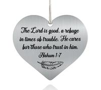 XQLZY The Lord is Good A Refuge in Times of Trouble He Cares for Those Who Trust in Him Stainless Steel Love Rear View Mirror Car Charm, Christian Christmas Ornaments Gifts for Friend Family