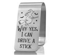XQLZY Why Yes I Can Drive A Stick Engraved Stainless Steel Car Visor Clip, Travel Visor Car Accessories for Women Men, Funny Safe Driving Gifts for Family Friend Driver, Halloween Birthday Gifts