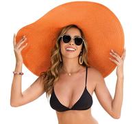 XquiziFit Oversized Beach Hat for Women Wide Brim Straw Sun Hat UPF 50+ UV Protection Foldable Packable Travel Vacation Pool Outdoor Brown