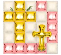 Xqumoi Religious Square Foil Balloons Wall Backdrop - 36pcs God Bless Baptism Wall Backdrop Balloon Garland Kit, Gold Cross & Eucalyptus Decor for First Communion Baby Christening (Pink)