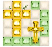 Xqumoi Religious Square Foil Balloons Wall Backdrop - 36pcs God Bless Baptism Wall Backdrop Balloon Garland Kit, Gold Cross & Eucalyptus Decor for First Communion Baby Christening (Sage Green)