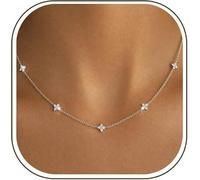 Xqzbmt Dainty Silver Necklace for Women,Silver Plated Four Leaf Clover Necklace Choker with Cubic Zirconia, Trendy Non Tarnish Delicate Flower Necklace for Wedding Prom Brides Daily Jewellery Gift
