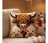 Xqzbmt Highland Cow Cushion Latch Hook Cushion Kits for Adults Beginners, Pre-Printed Canvas DIY Embroidery Cushion Cover, 17x17in Rug Making Kit Home Sofa Festive Decor & Gift
