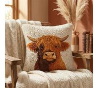 Xqzbmt Highland Cow Cushion Latch Hook Cushion Kits for Adults Beginners, Pre-Printed Canvas DIY Embroidery Cushion Cover, 17x17in Rug Making Kit Home Sofa Festive Decor & Gift