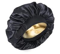 XRACEPHOL Double Layer Satin Silk Bonnet for Sleeping Adjustable Hair Bonnet for Women Soft Silk Sleep Cap for Curly Hair（Black and Gold）