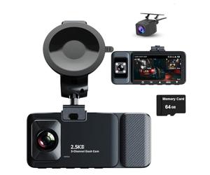 XRC TECH 3 Channels Dash Cam For Cars,Front Inside Rear Three Way Car DVR,2.5K+1080P+1080P,WDR,Built in GPS WiFi,Hidden Infrared LED Light，IR Night Vision,24-hour parking monitoring(64G Car