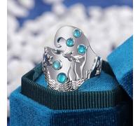 XRCXBLSC 925 Sterling Silver Underwater World Carved Fish Ring Gemstone Jewelry Sapphire Diamond Wedding Ring Eternity Engagement Ring Blue Crystal Ring Party Ring Aquamarine Gemstone Band Ring （O）