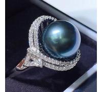 XRCXBLSC Black Pearl Ring, Natural Seawater Tahiti Black Pearl 18k Diamond Ring, Adjustable Open Ring, Solitaire Ring