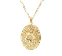 XRCXBLSC Vintage 18K Gold Engraved Flower Empaistic Photo Locket Pendant Necklace, Oval Antique Souvenir Memorial Best Wishes Jewelry for Women, Personalized Photo Flower Locket Pendant Gold