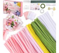XREE 500Pc Pipe Cleaner Flower Kit, 30cm Chenille Stems, 6 Colours | Includes Floral Wire, Tape, Stamens, Ribbon And Wrapping Paper; Bendable Polyester Stems For DIY Bouquets And Crafts