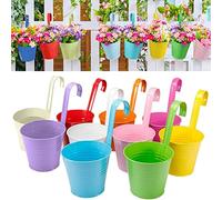 XRR Hanging Planters, 10 Pack 6.3" x 4.7" x 5.3" Removable Hanging Flower Pot Hook Metal Bucket for Railing Fence Balcony Garden Suitable for Indoor and Outdoor(10 Colors 10 Pieces)