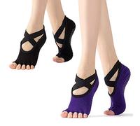 Xrten 2 Pairs Women Yoga Socks,Non-Slip Five Toe Socks,Pilates Socks with Grips,Toeless Anti Slip No Show Ankle Sock for Pilates,Ballet,Dance,Workout,Fitness