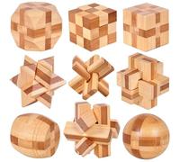 Xrten 9Pcs Wooden Brain Teaser Puzzles,IQ Test Unlock Toy,Small Logic Mind Challenge Puzzle Games,Wooden Blocks Puzzle Toy,Assembling Lock Puzzle Educational Toy Gift