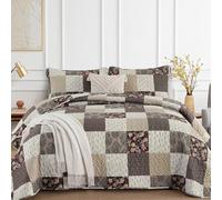 Xruibed Floral Plaid Patchwork Fall Quilt Set King Size 3 Pieces Taupe Beige Khaki Bedspread Set Reversible Quilt Bedding Set Microfiber Bedding Bedspread Coverlet Set for All Season(King,104"X90")
