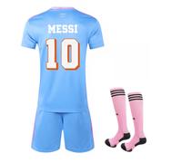 (XS(160-165CM)) 25/26 Miami Away Blue Activewear Print 10 MESSI Football Fans Training Shirt Set For Kids And Adult