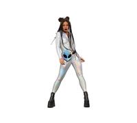 Smiffys Fever Miss Whiplash Mirror Holographic Costume with Zip Up Catsuit, Fever Fancy Dress, Fever Dress Up Costumes