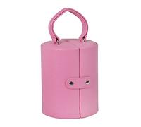 XS-Stock Jewellery Case 8" Pink Faux Leather Cylinder Box With Stud Clasp 3 Round Layers Carry Handle Plush Fabric Lining Ideal Travel Roll To Store Necklaces Rings Bracelets - Great