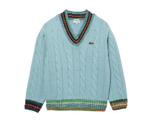 (XS, Turquoise) Lacoste Mens Embroidered Logo Cable Knit V Neck Sweatshirt