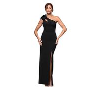 Xscape Women's Scuba Crepe Flower Embellished One Shoulder Floor Length Dress (Petite) Special Occasion, Black, 16