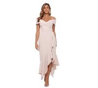 Xscape Women's Sweetheart Neckline Off-Shoulder Crepe Midi Dress with Hanky Hem Special Occasion, Blossom, 12