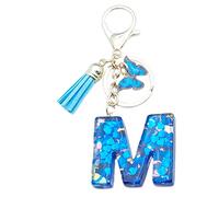 Xsclpomddy A-Z Initials Letter Keychain Blue with Tassel Butterfly Pendant for Wallet Backpack Handbags Women Girls,Letter M