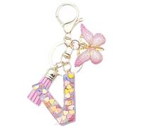 Xsclpomddy A-Z Initials Letter Keychain Pink with Tassel Butterfly Pendant for Wallet Backpack Handbags Women Girls,Letter V
