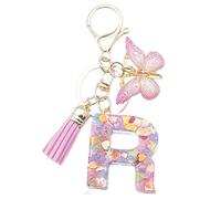 Xsclpomddy A-Z Initials Letter Keychain Pink with Tassel Butterfly Pendant for Wallet Backpack Handbags Women Girls,Letter R