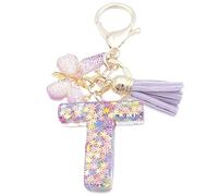 Xsclpomddy A-Z Initials Letter Keychain Purple with Tassel Butterfly Pendant for Wallet Backpack Handbags Women Girls,Letter T
