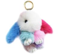 Xsclpomddy Bunny Keychain Cute Rex Rabbit Faux Fur Pompom Keychain Car Handbag Lovely Keyring Charm Ring,rainbow a 5.5in