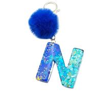 Xsclpomddy Initial Letter Resin Alphabet Key Rings with Fur Ball Pom pom keychains for Wallet Backpack Handbags Women Girls,N