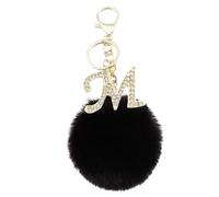 Xsclpomddy Pom Pom Keychain Artificial Fur Ball Black with Rhinestone Alphabet Letter Keychains for Women Girls,M
