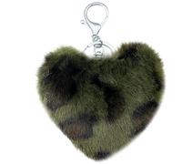 Xsclpomddy Pom Poms Keychain Fluffy Heart Shape Leopard Keyring Soft Plush Pendant Key Chain for Car Bag Charm,navy green