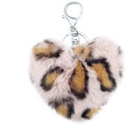 Xsclpomddy Pom Poms Keychain Fluffy Heart Shape Leopard Keyring Soft Plush Pendant Key Chain for Car Bag Charm,pink brown